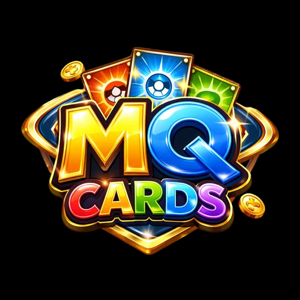 Colorful logo of MQ Cards with cards and sparkles on a white background